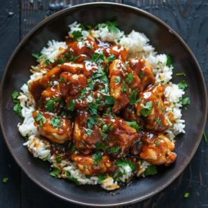 Honey garlic chicken rice bowl in a wooden bowl, sticky golden-brown glazed chicken cubes over fluffy white jasmine rice, sliced cucumber, avocado fans, shredded carrots, sesame seeds, sliced scallions