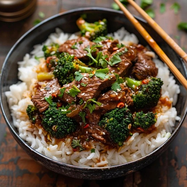 Close-up of beef and broccoli showing glossy savory sauce clinging to each piece, tender medium-rare beef strips, vivid crisp-tender broccoli, garlic ginger flecks, sesame seeds