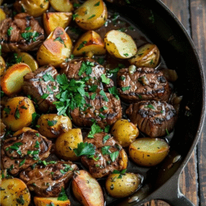 Beef tenderloin with roasted potatoes on a wooden carving board, sliced pink medium-rare tenderloin showing rosy interior with seared crust, golden crispy quartered potatoes around, fresh rosemary sprigs, garlic cloves, herb compound butter pat melting