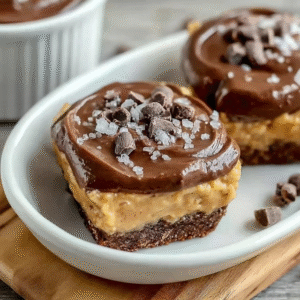 Chocolate peanut butter bars cut into squares on parchment paper, smooth dark chocolate glaze top showing glossy shine, peanut butter filling layer visible at edges, graham cracker crumb base, salt flakes on top