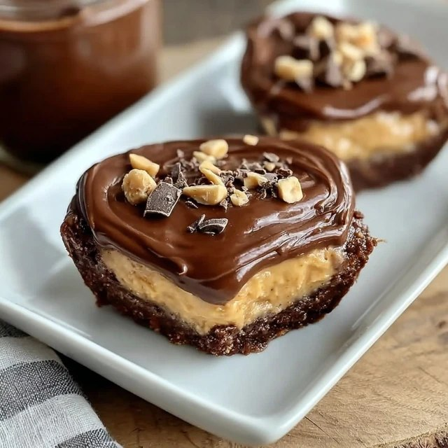 Close-up of chocolate peanut butter bar cross-section showing distinct layers — golden graham base, thick creamy peanut butter middle, glossy dark chocolate top, flaky sea salt finishing