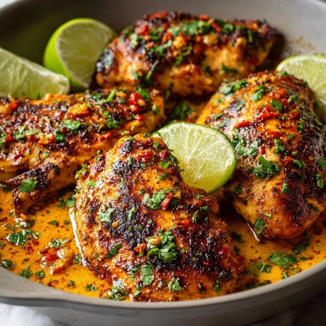 Close-up of cilantro lime chicken thigh showing crispy lacquered skin with charred edges, juicy chicken interior, vibrant green cilantro flecks, glistening lime-oil marinade, jalapeño slices
