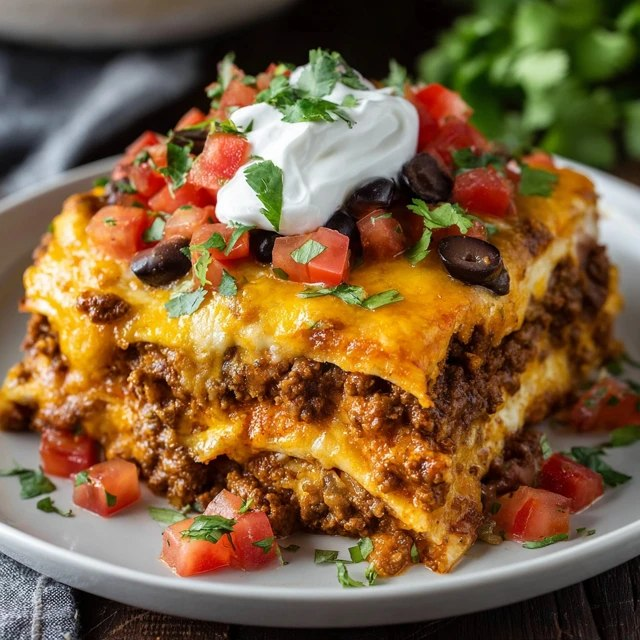 Close-up of beef enchilada casserole portion showing tortilla layers, savory ground beef, melted cheese pull, glossy red enchilada sauce, fresh cilantro flakes, lime wedge