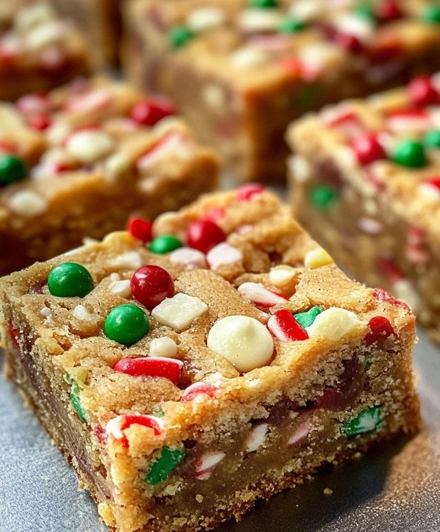 Close-up of holiday cookie bar cross-section showing tender sugar cookie base, thick fluffy white cream cheese frosting layer, vivid red green and white sprinkles, soft buttery crumb texture