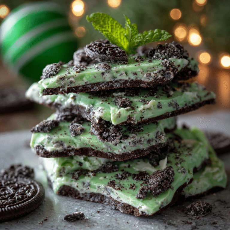 Mint Oreo Bark displayed on a festive platter