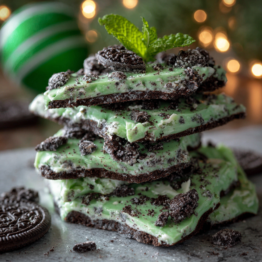 Mint Oreo Bark displayed on a festive platter