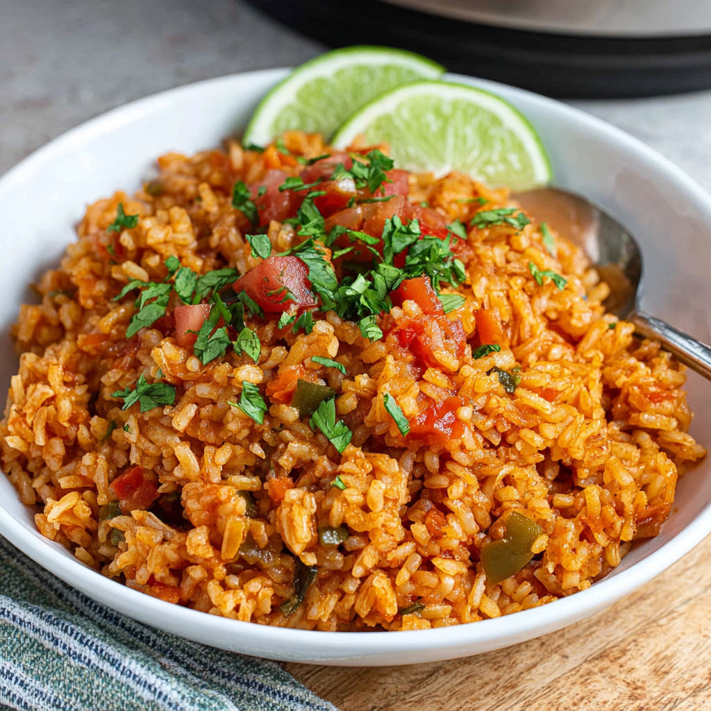 Cooked Spanish rice topped with fresh cilantro in a bowl