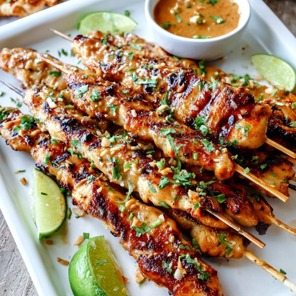 Close-up of a single satay skewer dipped into thick creamy peanut sauce, glossy caramelized edges, chopped peanuts and red chili flakes on top