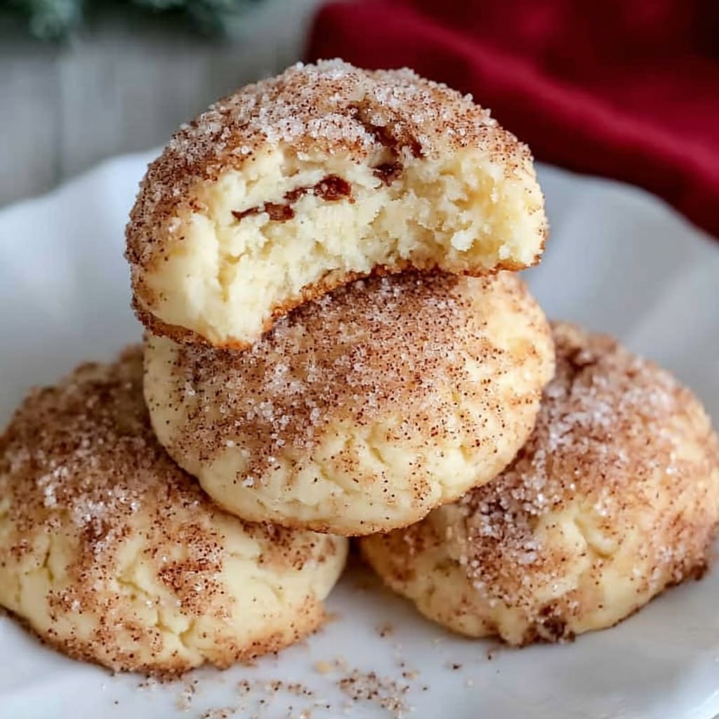 Close-up of a single cookie split in half showing soft, tender, almost cake-like interior, glittering cinnamon sugar coating on top