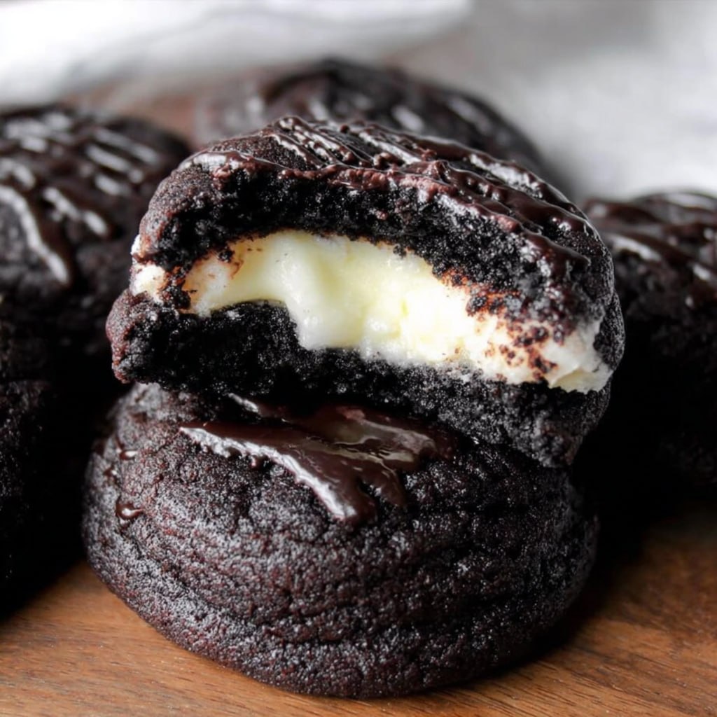 Single split-open cookie showing pitch-black cocoa exterior, gooey white cream cheese filling, soft crumb texture
