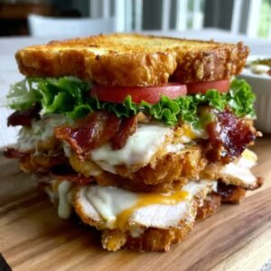 Crispy ultimate club sandwich cut diagonally and held together with frilly toothpicks, three layers of toasted bread, layers of crispy bacon, sliced turkey, lettuce, tomato, avocado, fanned out on a wooden board with potato chips and a pickle spear