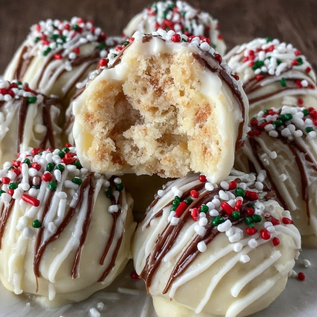 Close-up of split truffle showing soft pale yellow sugar cookie center, glossy white chocolate shell, colorful sprinkles on top