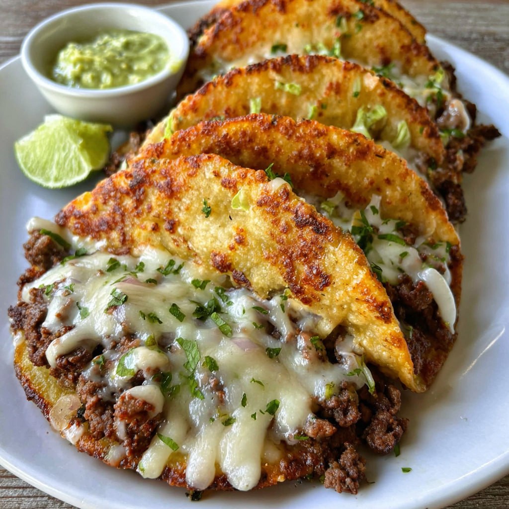 Close-up of a single taco showing crispy shell breaking open, juicy seasoned beef, melted shredded cheddar, crisp lettuce, diced tomato, bite missing from the front