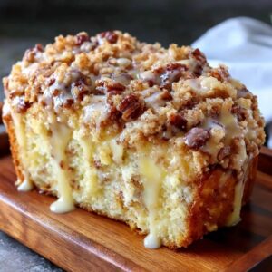 Pecan coffee cake in a square pan with thick cinnamon-pecan streusel topping, white vanilla glaze drizzled in stripes across the top, cut showing tender vanilla crumb, mug of coffee beside it
