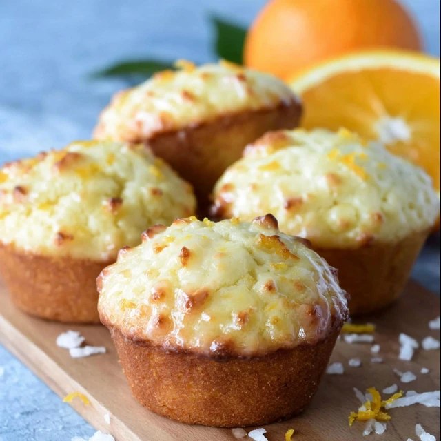 Close-up of a single orange muffin split in half showing fluffy tender crumb, vibrant orange specks of zest, glossy glaze on top dripping down the side