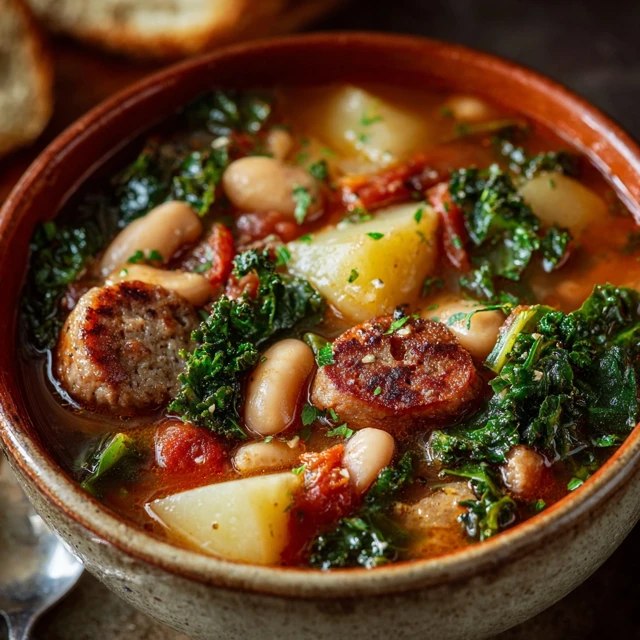 Close-up of soup showing sausage bits, tender potato cubes, wilted kale, creamy broth coating everything, fresh basil leaves