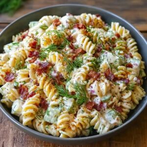 Creamy pasta salad with bacon in a white serving bowl, bowtie pasta coated in creamy ranch dressing, crispy bacon bits, halved cherry tomatoes, shredded cheddar, sliced green onions, fresh dill on top