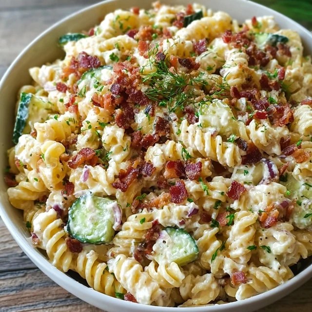 Close-up of pasta salad showing bowtie pasta covered in creamy dressing, crispy bacon, melty cheddar shreds, bright red tomato halves, fresh herbs