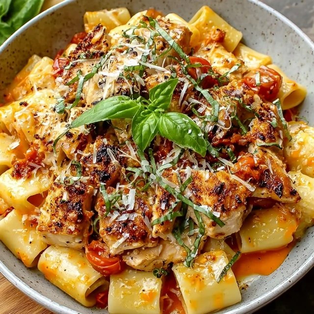 Close-up of pasta showing rigatoni tubes filled with cream sauce, juicy chicken chunks, ruby sun-dried tomato bits, fresh spinach, parmesan flakes
