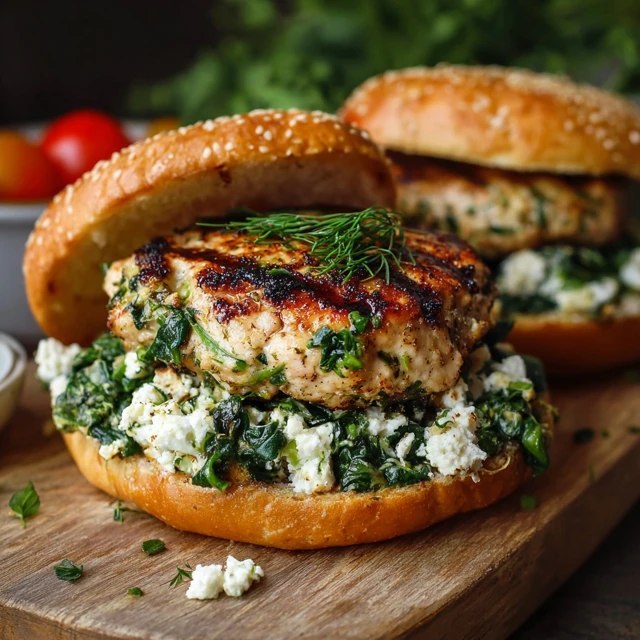 Close-up of the chicken patty cut open showing melted feta pockets, chopped spinach throughout, moist juicy interior