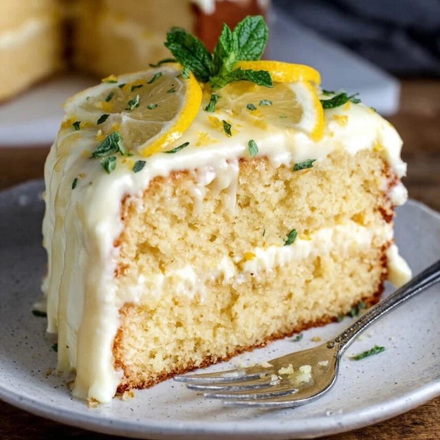 Close-up of a slice showing the moist yellow crumb glistening with absorbed lemon syrup and the crunchy sugar topping