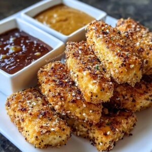 Pile of golden crispy tofu nuggets with a crunchy breadcrumb coating, one bitten to show the tender white tofu inside, small bowl of dipping sauce, parsley garnish