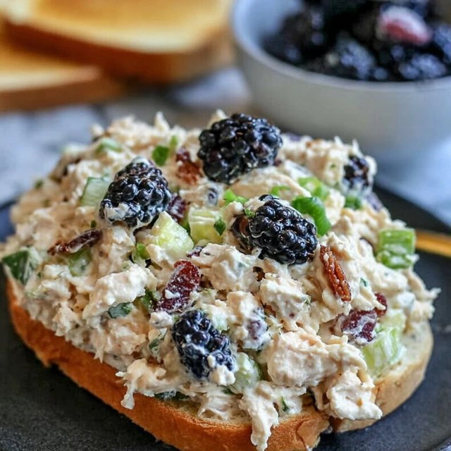 Close-up of the chicken salad showing tender shredded chicken, crunchy celery, red grape halves and toasted pecans in a creamy dressing