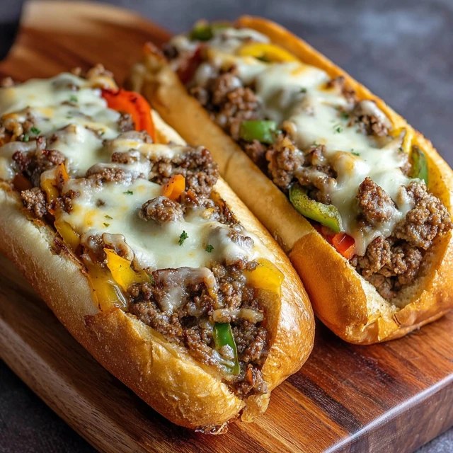 Close-up of a cheesesteak being lifted showing strings of melted cheese and juicy steak with caramelized onions