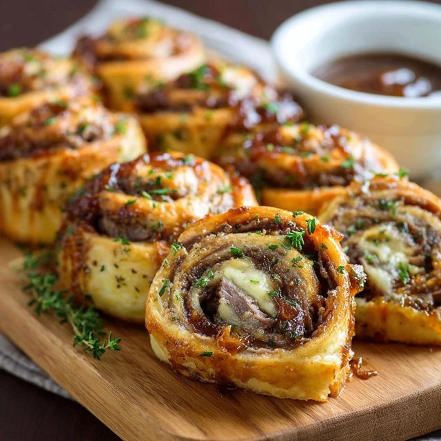 Close-up of a pinwheel showing the spiral of buttery puff pastry, dark mushroom filling and tender beef