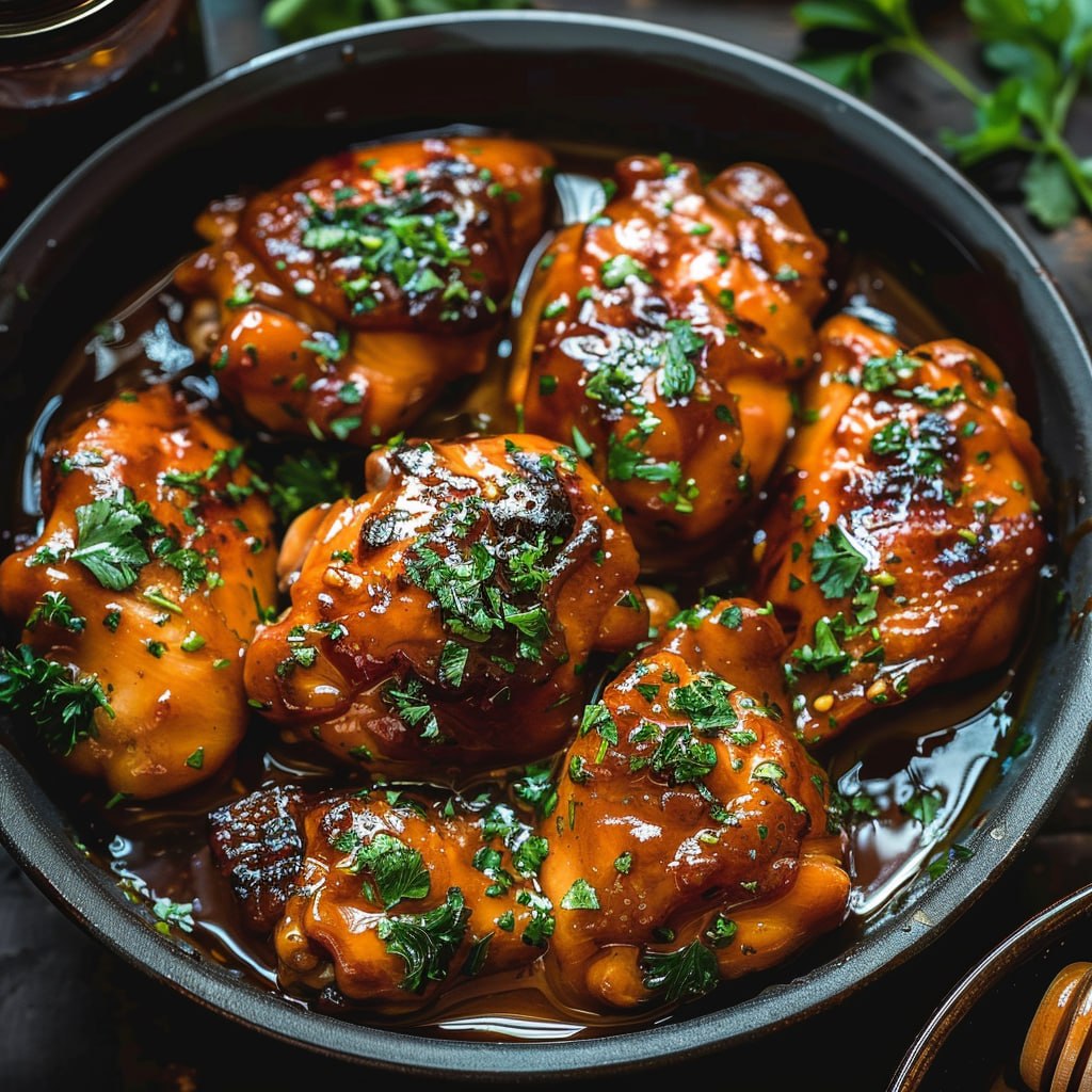 Close-up of honey butter chicken piece showing crispy golden coating, glossy sticky honey glaze dripping, sesame seeds, fresh herbs