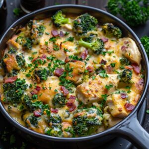 Cheesy chicken broccoli casserole overhead in a baking dish, golden bubbly cheddar top, chunks of chicken, bright green broccoli, creamy rice, crispy turkey bacon bits, dish fills the frame