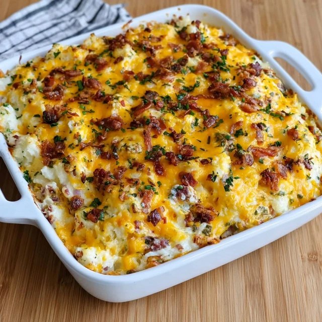 Loaded mashed potato casserole in a baking dish, creamy mashed potatoes topped with melted cheddar, crispy bacon bits, sour cream dollops and fresh chives, a scoop removed showing the fluffy interior
