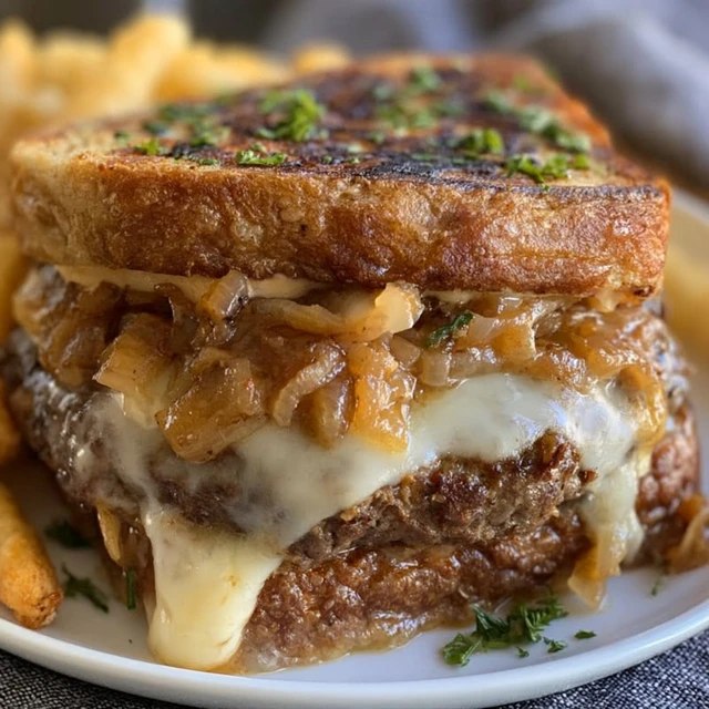 French onion burger on a toasted bun, juicy beef patty smothered in deeply caramelized onions and melted gruyere cheese, with a side of fries