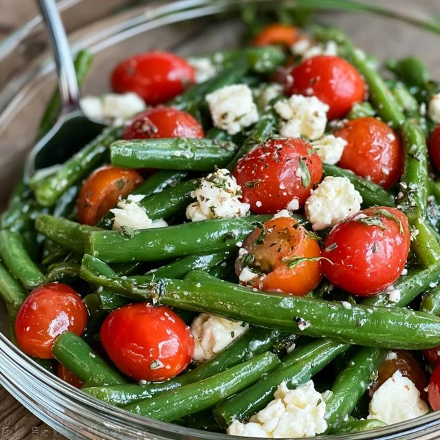 Close-up of bright green beans and juicy red and yellow cherry tomatoes coated in vinaigrette with feta crumbles