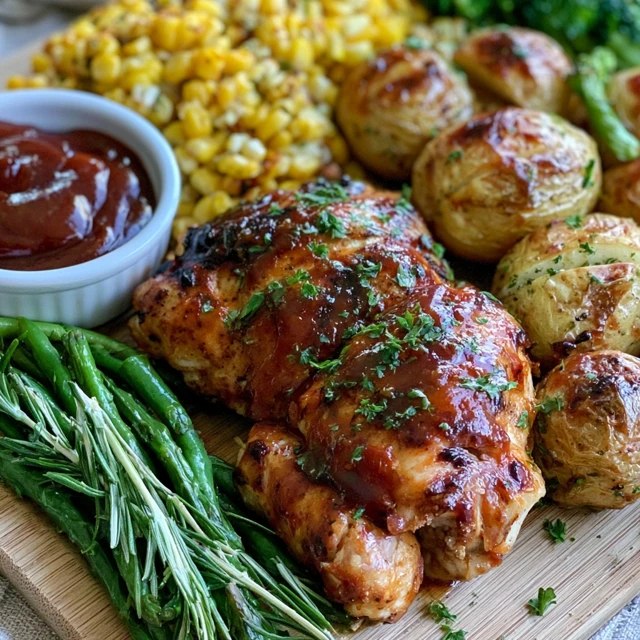 Barbecue chicken dinner platter, glossy BBQ-glazed grilled chicken pieces with charred edges served with corn on the cob, baked beans and coleslaw on a wooden board