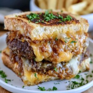 Grilled cheese burger sandwich cut in half, a juicy beef patty with melted cheese sandwiched between two golden buttery grilled cheese sandwiches, cheese pulling apart